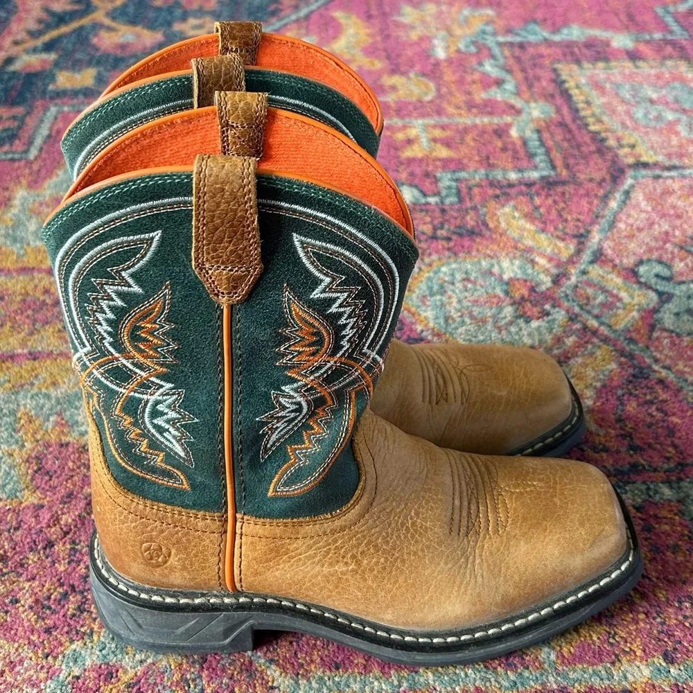Ariat | Kids Brown Leather Orange/Green Design WorkHog XT Coil Western Boot 3.5